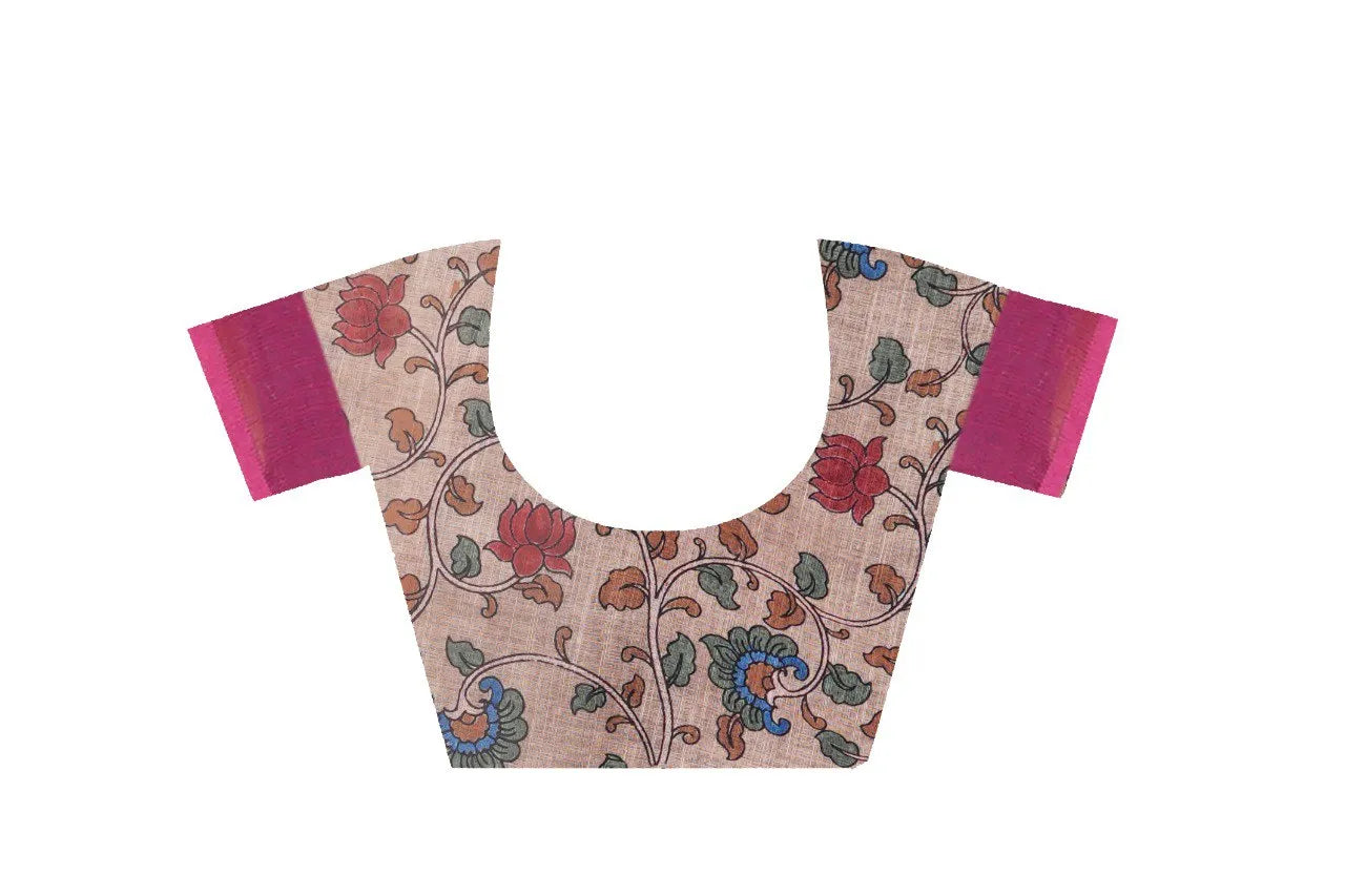 Graceful Woven Saree with Handcrafted Kalamkari Detailing