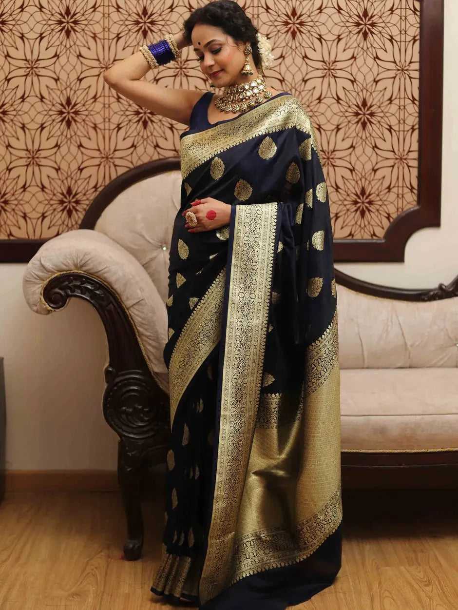 Elegant Navy Blue Kanjivaram Silk Saree with Rich Border