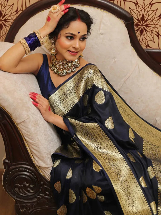 Elegant Navy Blue Kanjivaram Silk Saree with Rich Border