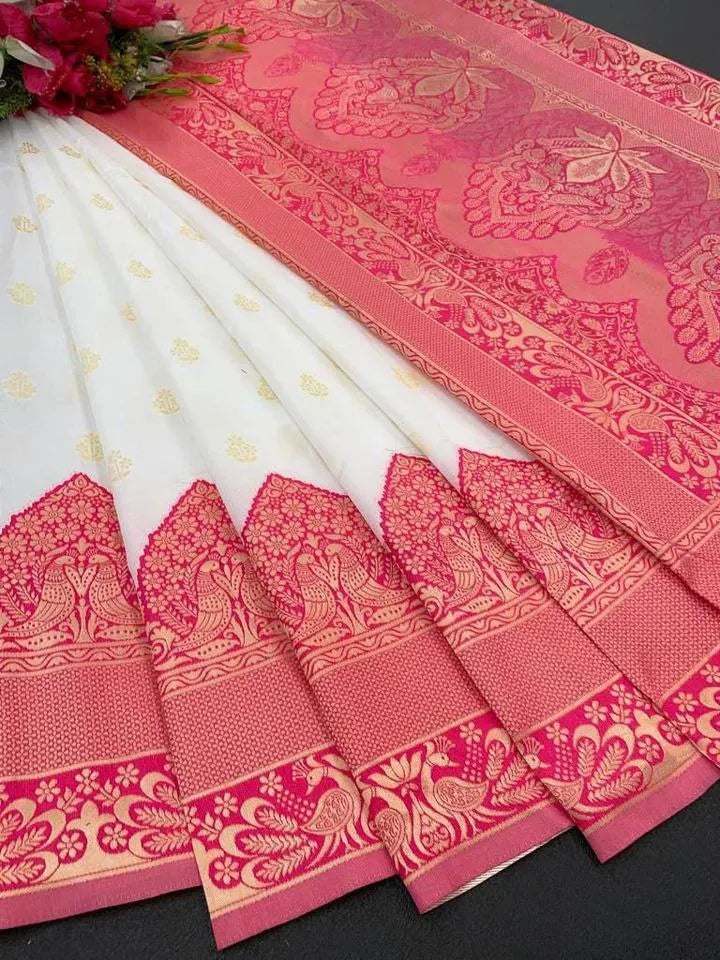Elegant Cream Banarasi Silk Saree with Rich Pink Zari Border & Blouse