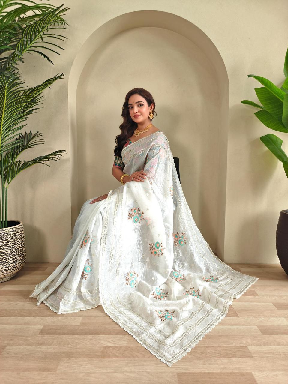 Elegant White Chiffon Saree with Floral Embroidery & Sequins Work