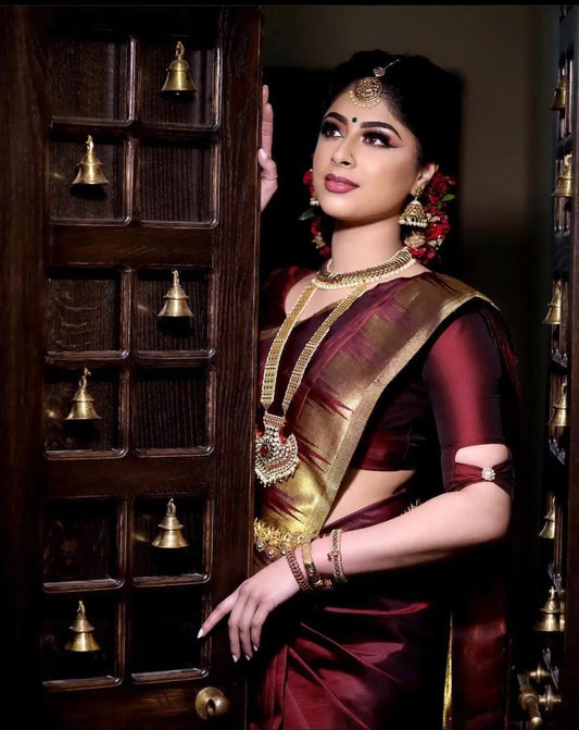 Rich Maroon Kanjivaram Silk Saree with Golden Zari Border