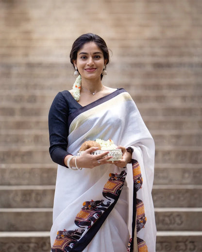 Elegant Handloom Cotton Saree with Traditional Bullock Cart Border