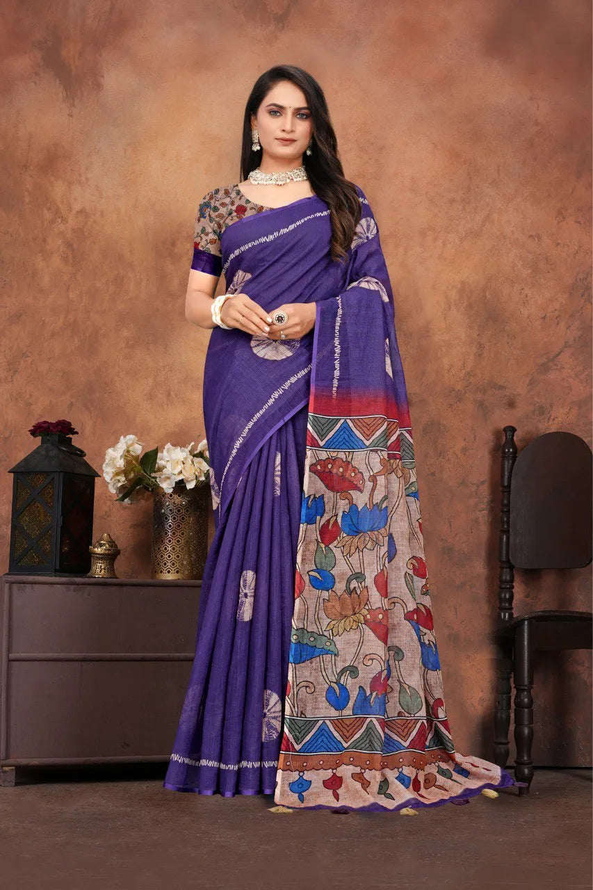 Graceful Woven Saree with Handcrafted Kalamkari Detailing