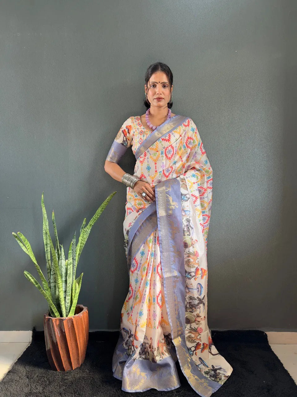 Heritage Silk Saree with Artistic Handpainted Print