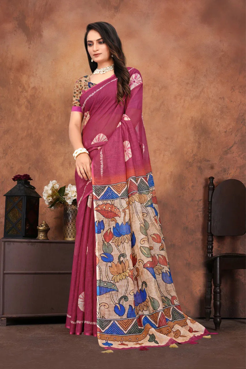 Graceful Woven Saree with Handcrafted Kalamkari Detailing