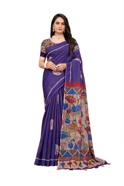 Graceful Woven Saree with Handcrafted Kalamkari Detailing