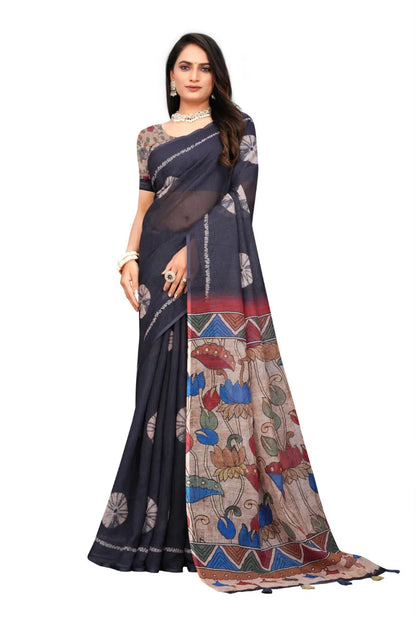 Graceful Woven Saree with Handcrafted Kalamkari Detailing