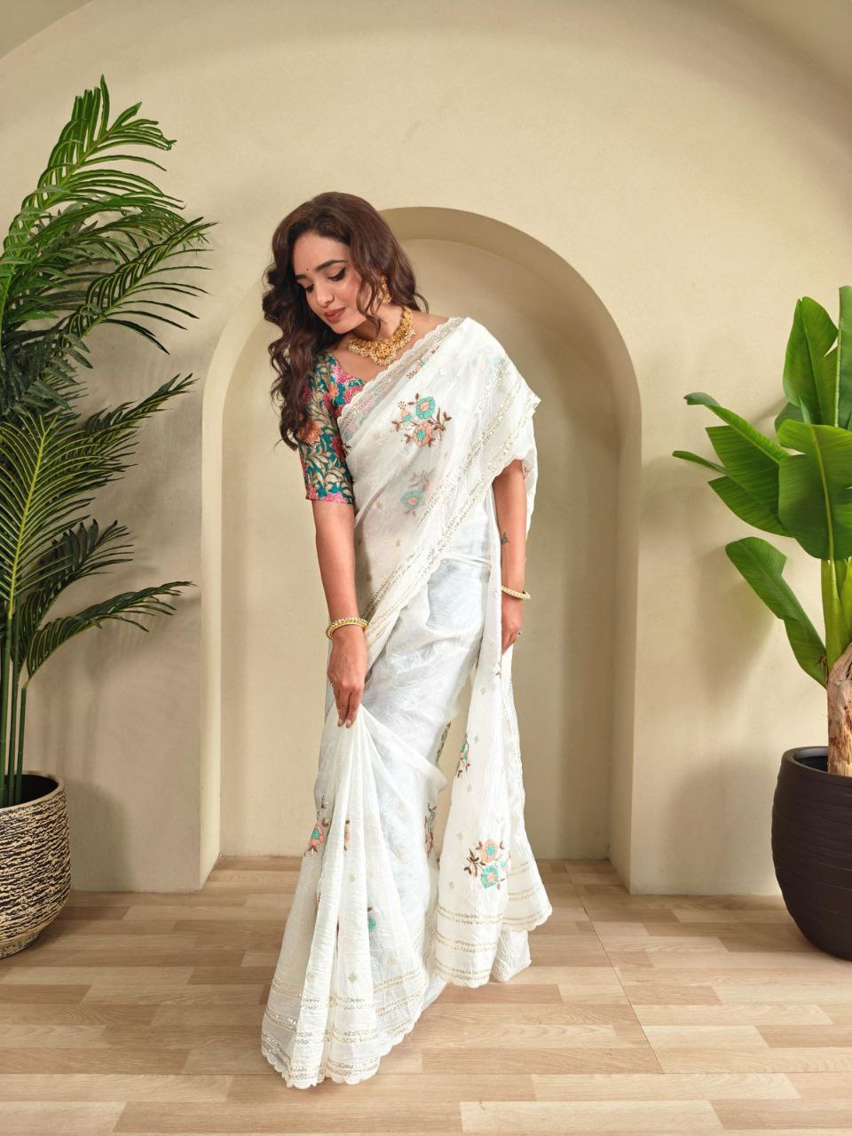 Elegant White Chiffon Saree with Floral Embroidery & Sequins Work