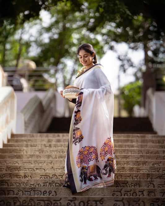 Elegant Handloom Cotton Saree with Traditional Bullock Cart Border