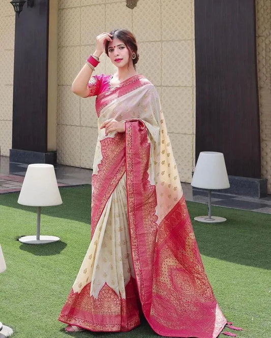 Elegant Cream Banarasi Silk Saree with Rich Pink Zari Border & Blouse