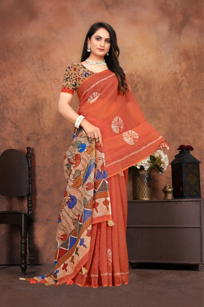 Graceful Woven Saree with Handcrafted Kalamkari Detailing