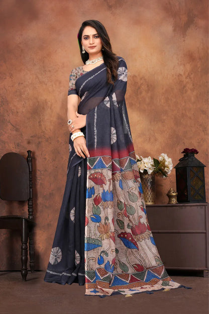 Graceful Woven Saree with Handcrafted Kalamkari Detailing