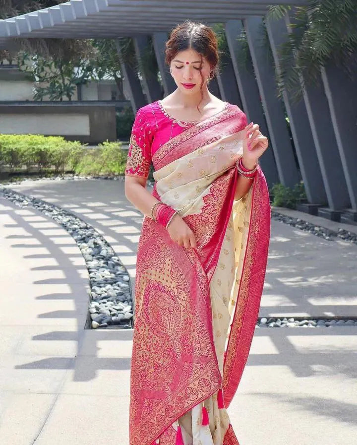 Elegant Cream Banarasi Silk Saree with Rich Pink Zari Border & Blouse