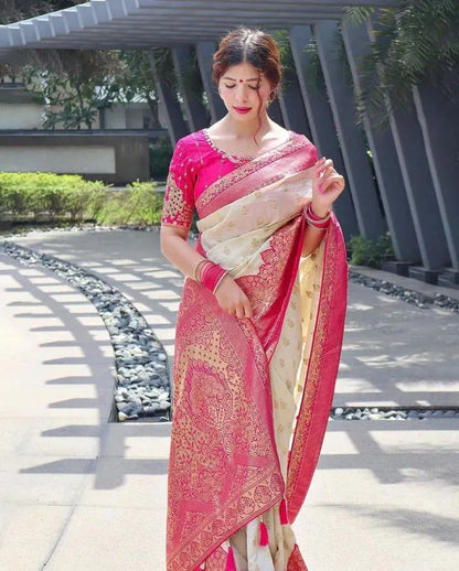 Elegant Cream Banarasi Silk Saree with Rich Pink Zari Border & Blouse