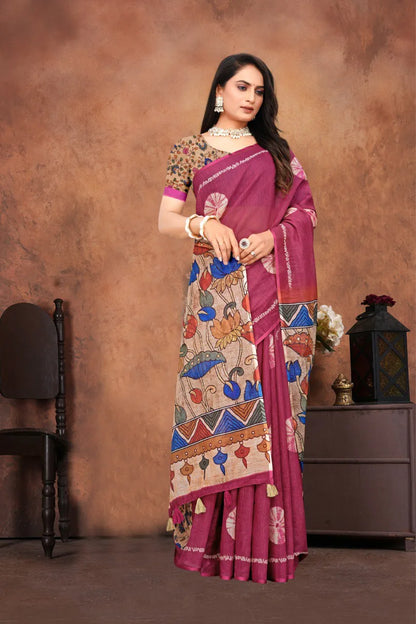 Graceful Woven Saree with Handcrafted Kalamkari Detailing
