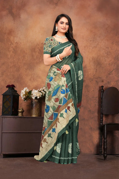 Graceful Woven Saree with Handcrafted Kalamkari Detailing