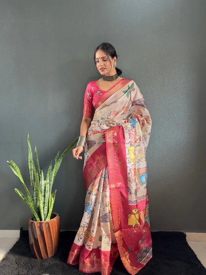 Heritage Silk Saree with Artistic Handpainted Print