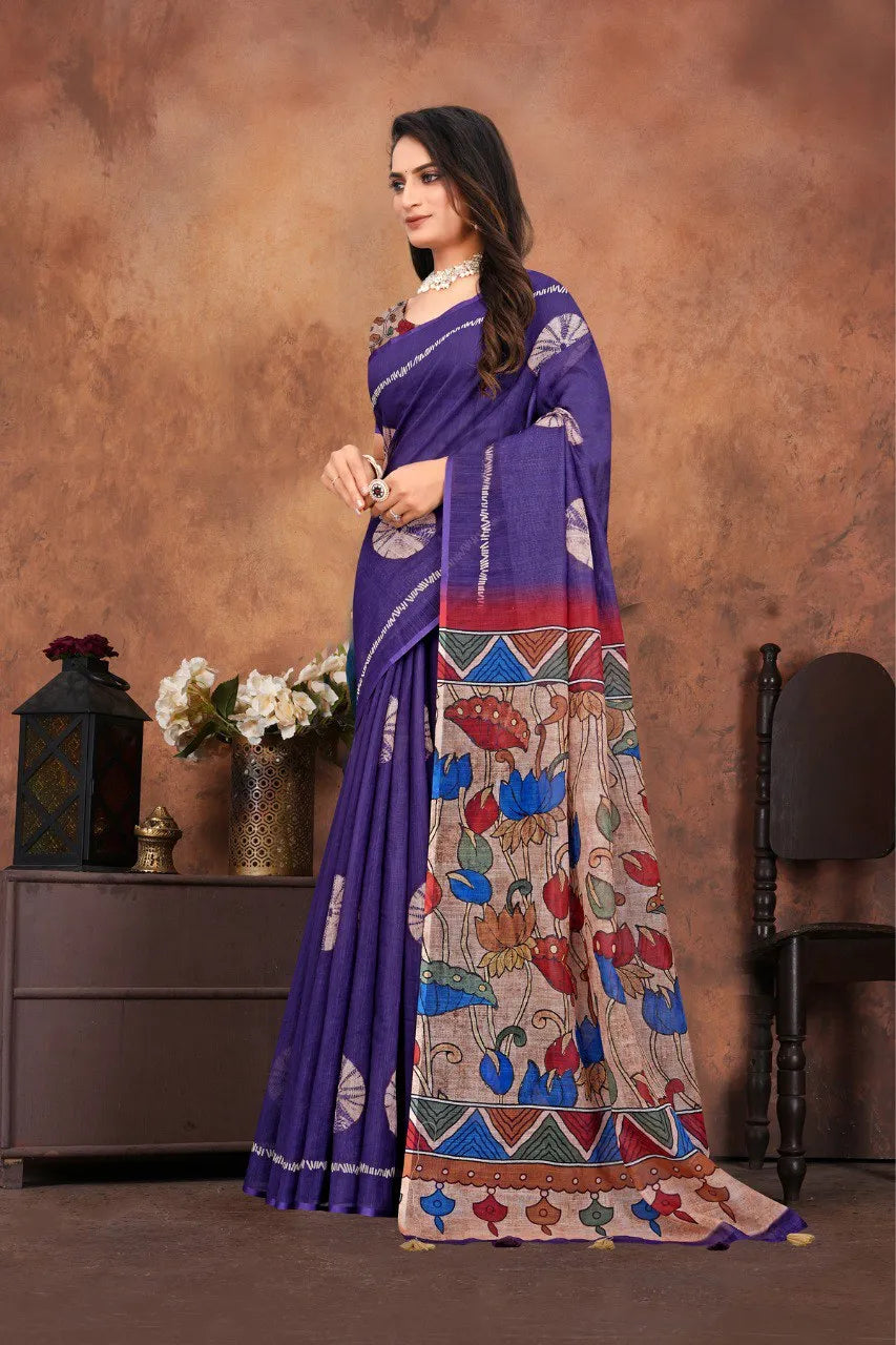 Graceful Woven Saree with Handcrafted Kalamkari Detailing