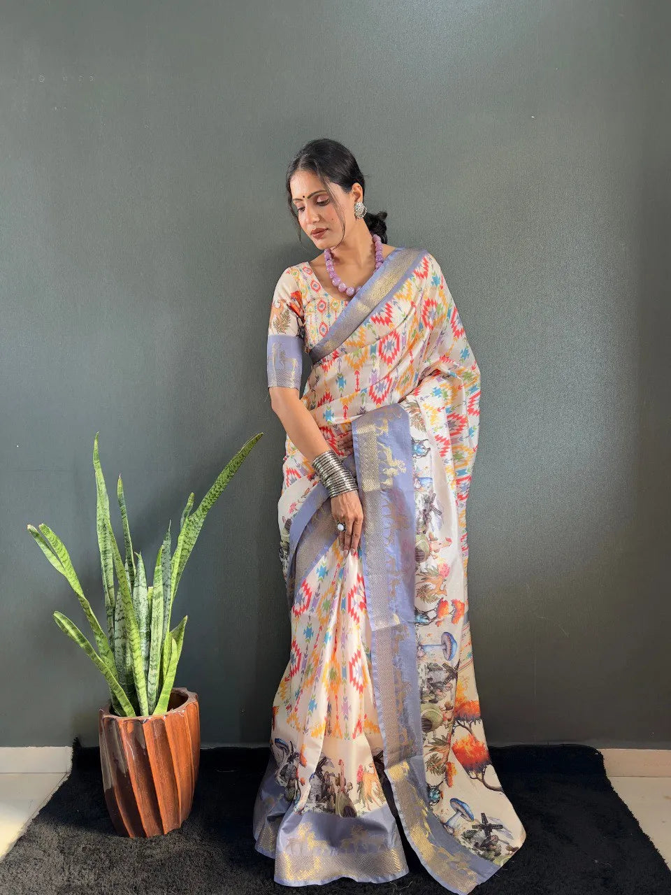 Heritage Silk Saree with Artistic Handpainted Print
