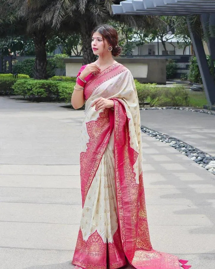 Elegant Cream Banarasi Silk Saree with Rich Pink Zari Border & Blouse