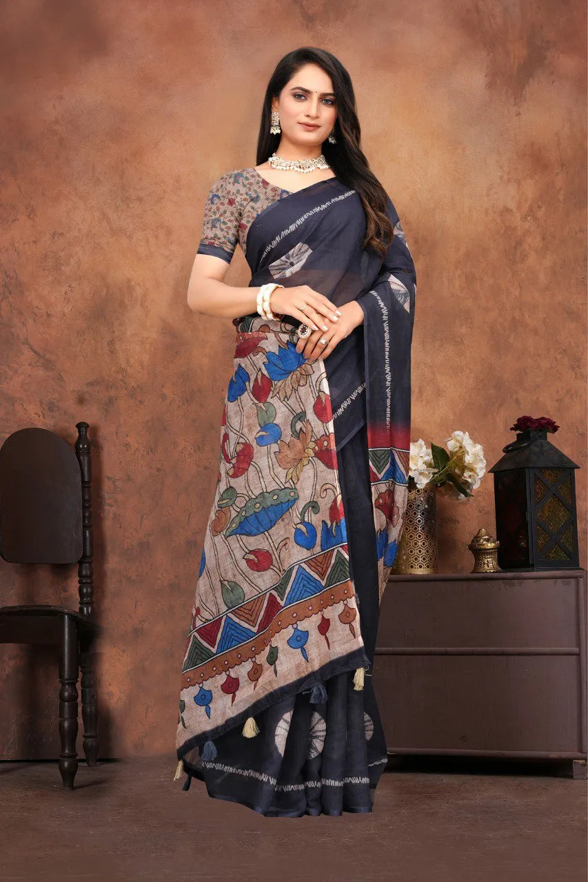Graceful Woven Saree with Handcrafted Kalamkari Detailing