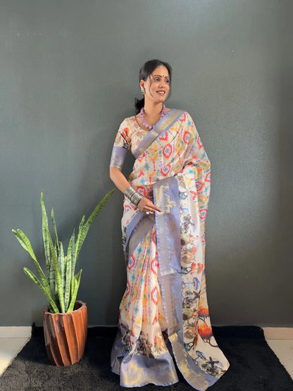 Heritage Silk Saree with Artistic Handpainted Print