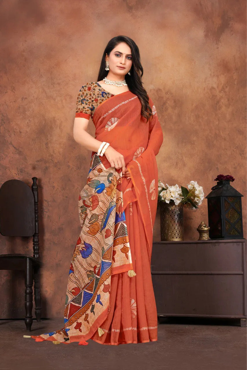 Graceful Woven Saree with Handcrafted Kalamkari Detailing