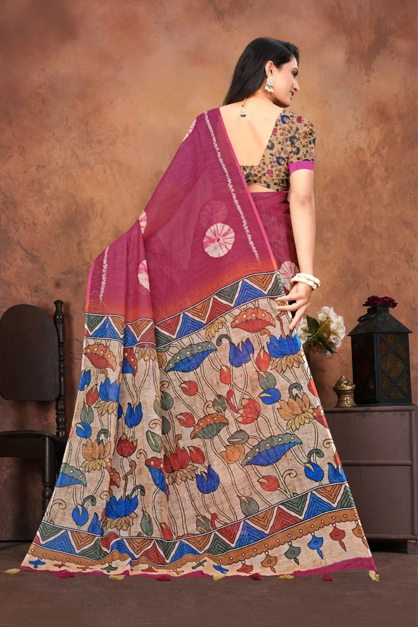 Graceful Woven Saree with Handcrafted Kalamkari Detailing