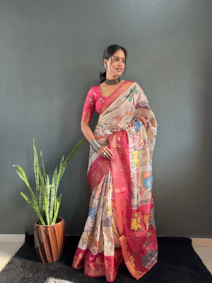 Heritage Silk Saree with Artistic Handpainted Print