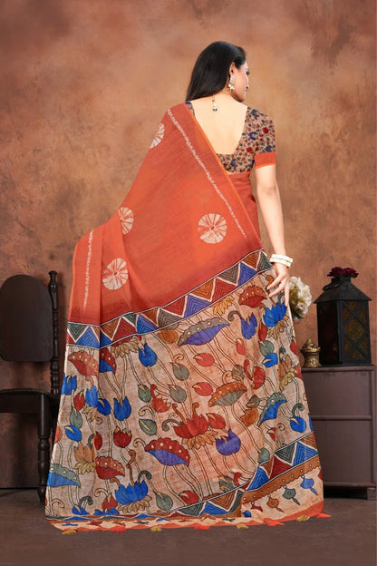Graceful Woven Saree with Handcrafted Kalamkari Detailing