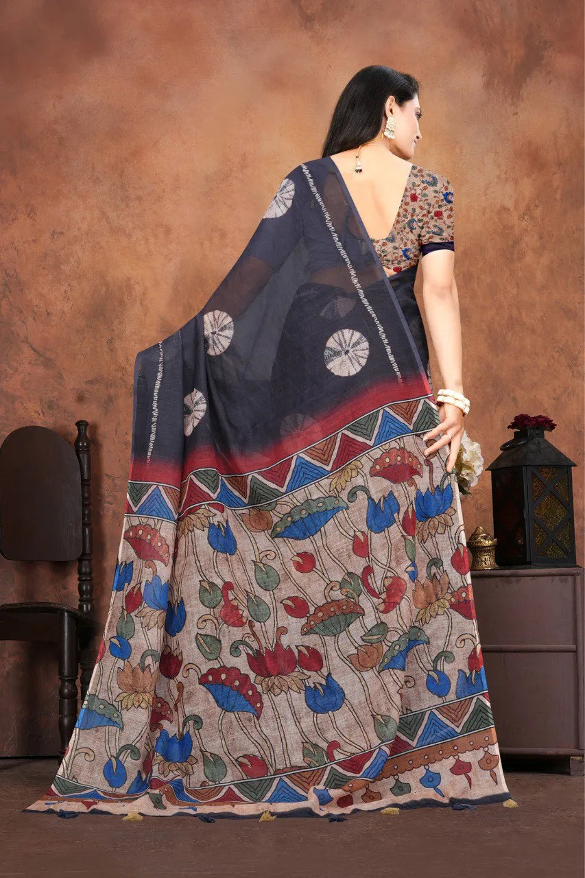 Graceful Woven Saree with Handcrafted Kalamkari Detailing