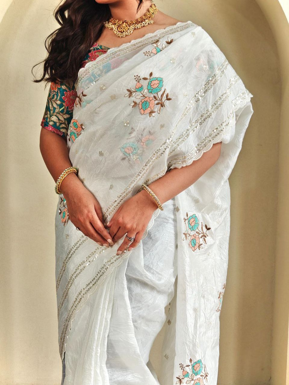 Elegant White Chiffon Saree with Floral Embroidery & Sequins Work