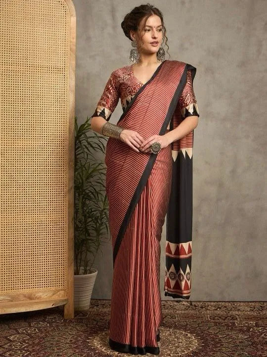 Trendy Designer Saree with Stripes and Ajrakh Print Pallu