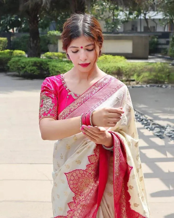 Elegant Cream Banarasi Silk Saree with Rich Pink Zari Border & Blouse