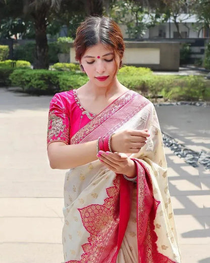 Elegant Cream Banarasi Silk Saree with Rich Pink Zari Border & Blouse