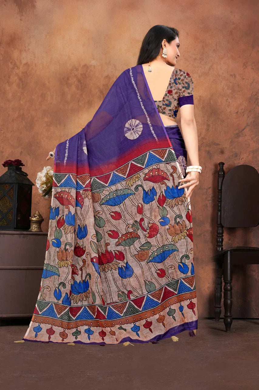 Graceful Woven Saree with Handcrafted Kalamkari Detailing