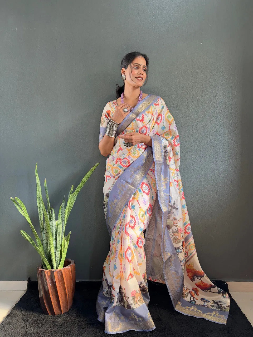 Heritage Silk Saree with Artistic Handpainted Print