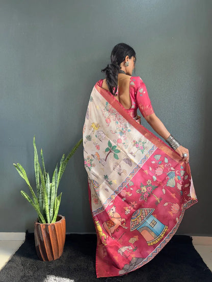 Heritage Silk Saree with Artistic Handpainted Print