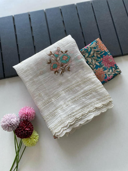 Elegant White Chiffon Saree with Floral Embroidery & Sequins Work