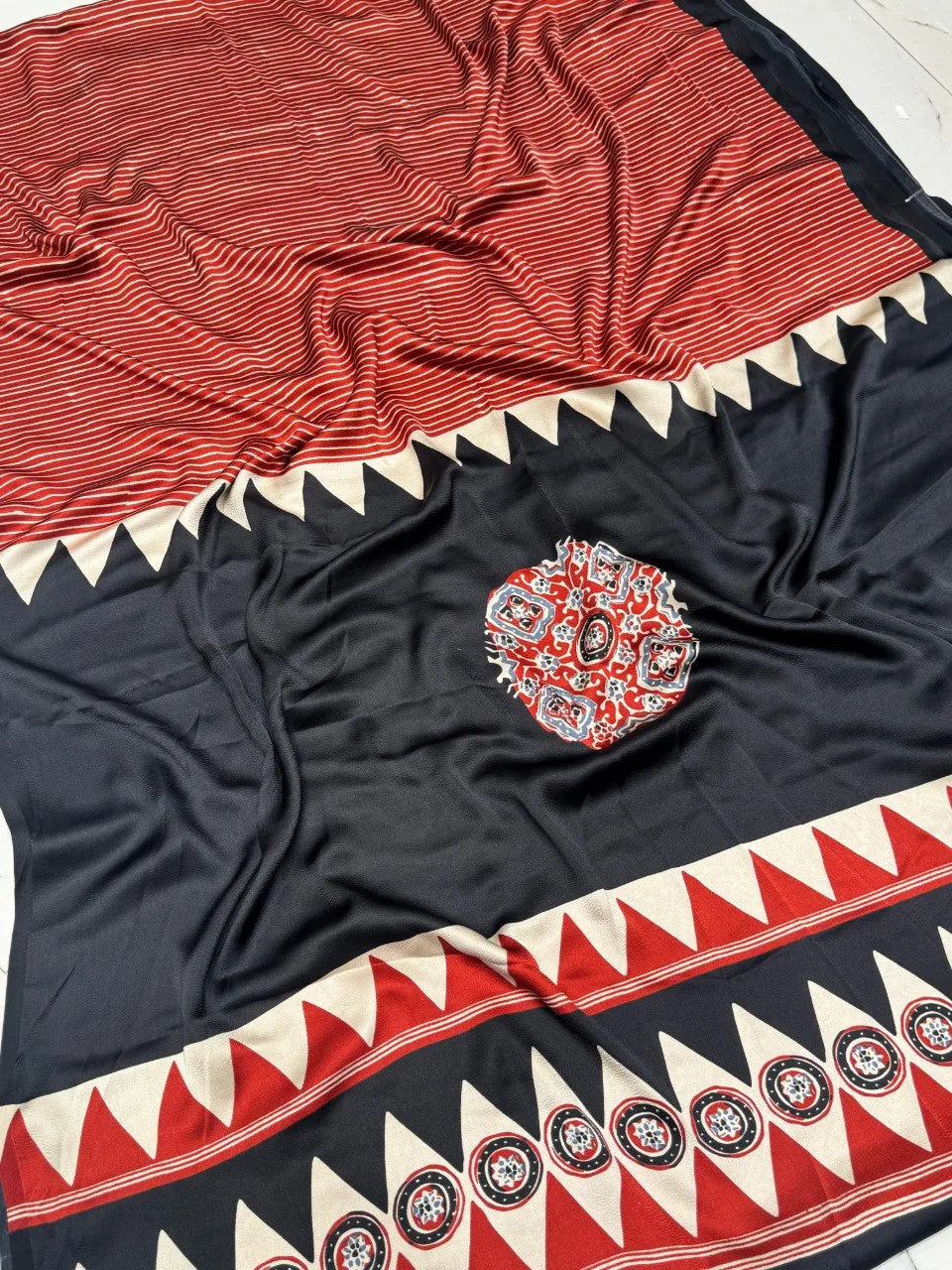 Trendy Designer Saree with Stripes and Ajrakh Print Pallu