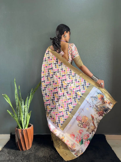 Heritage Silk Saree with Artistic Handpainted Print