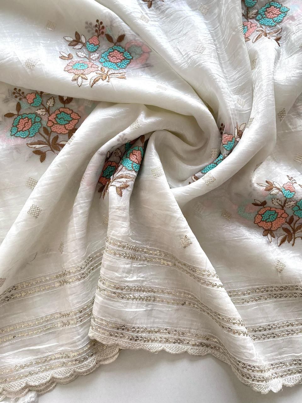 Elegant White Chiffon Saree with Floral Embroidery & Sequins Work