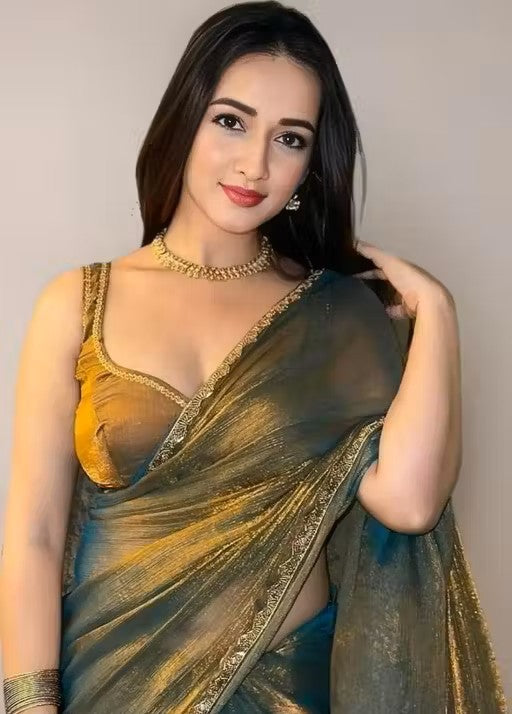 Two Tone Mustard Yellow & Green Velvet Look Saree with Golden Lace Border – Party Wear Trending Saree