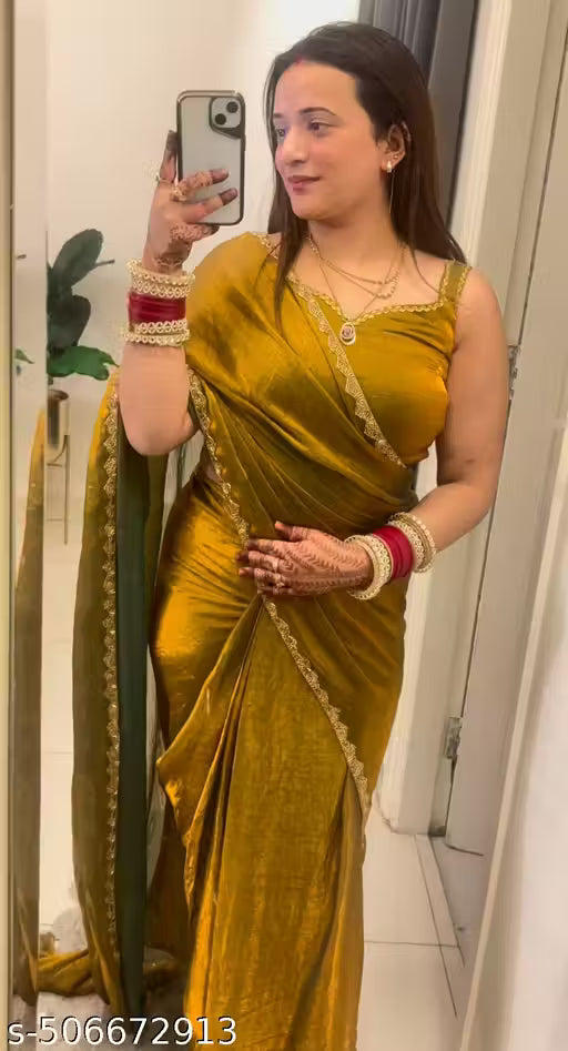 Two Tone Mustard Yellow & Green Velvet Look Saree with Golden Lace Border – Party Wear Trending Saree