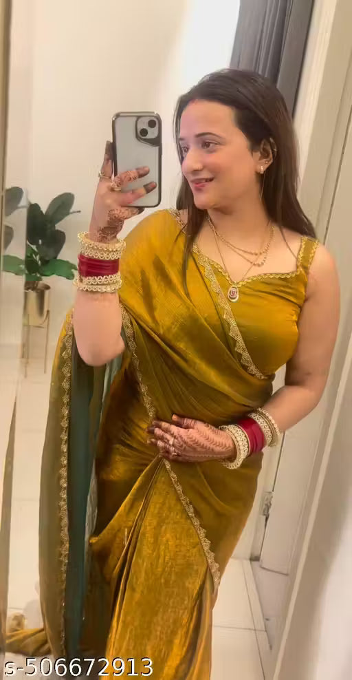 Two Tone Mustard Yellow & Green Velvet Look Saree with Golden Lace Border – Party Wear Trending Saree