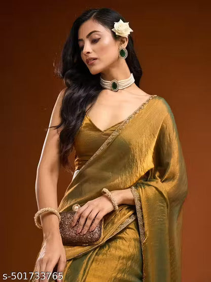 Two Tone Mustard Yellow & Green Velvet Look Saree with Golden Lace Border – Party Wear Trending Saree
