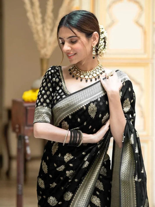 Charming Black Party Wear Saree with Golden Zari Design