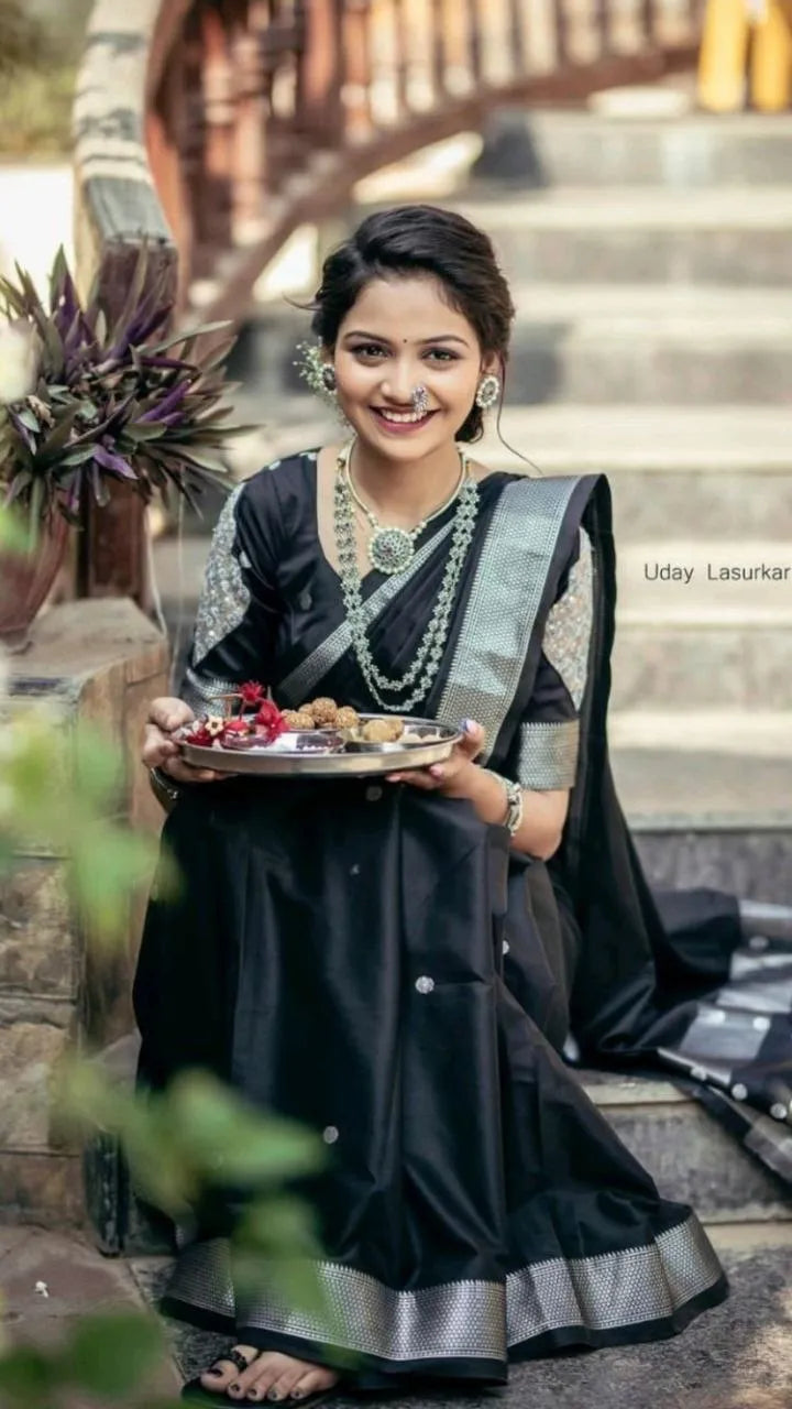 Elegant Black Banarasi Saree with Silver Detailing