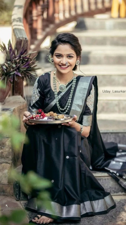 Elegant Black Banarasi Saree with Silver Detailing